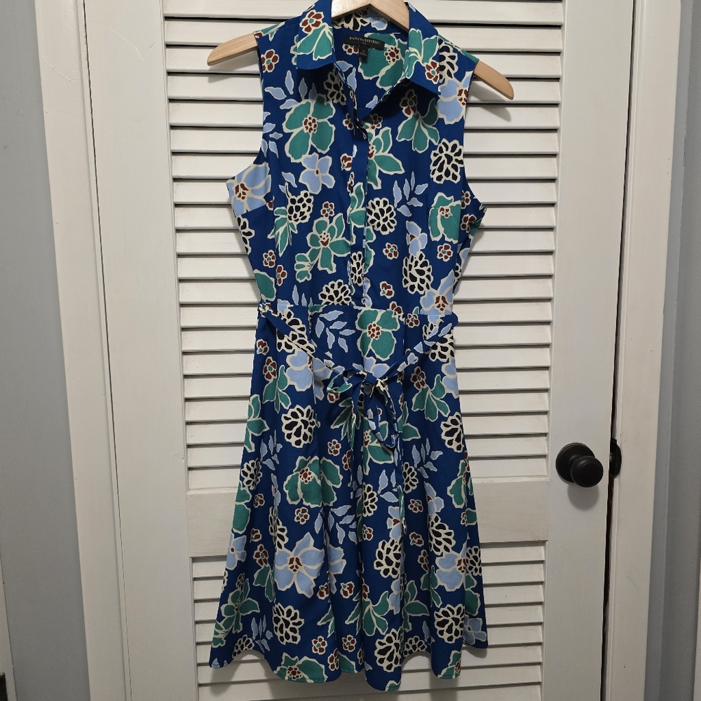Banana Republic Women's Dress 4 Royal Blue Cobalt Teal Sleeveless Floral EUC